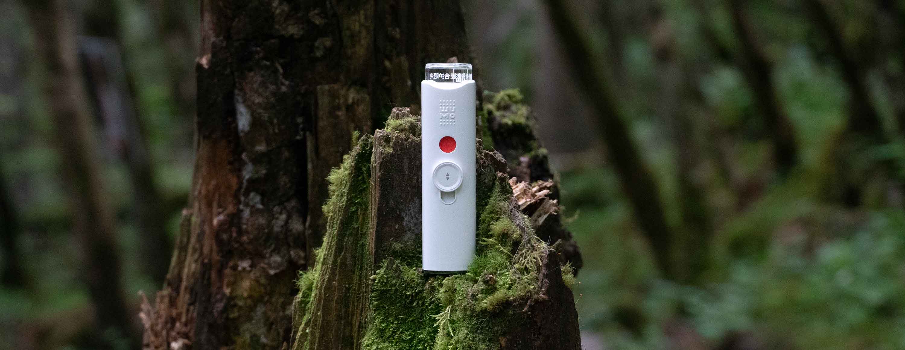 Eine saubere, minimalist ische Schreibtischs zene mit nur einem Laptop, einer kleinen Pflanze und einem Wumo-Eye-Mister