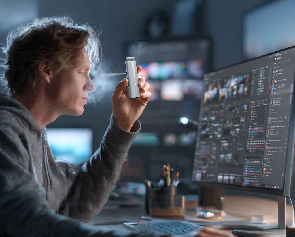 Ein-modernes-Gaming-Setup-mit-einem-Auge-Spray-für-Computer-Vision-Syndrom-platziert-neben-dem-Monitor