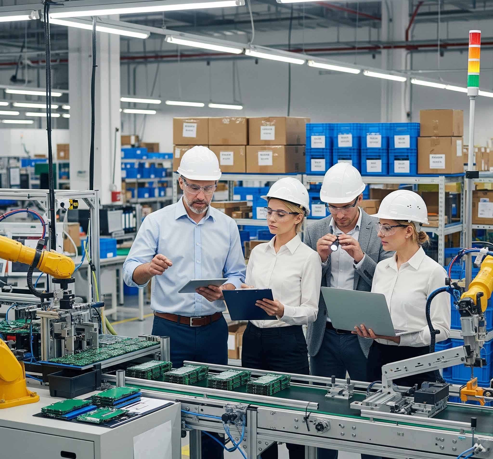 Ein Team von Ingenieuren und Lieferkette managern, die eine Fabrik audit für einen Elektronik lieferanten durchführen